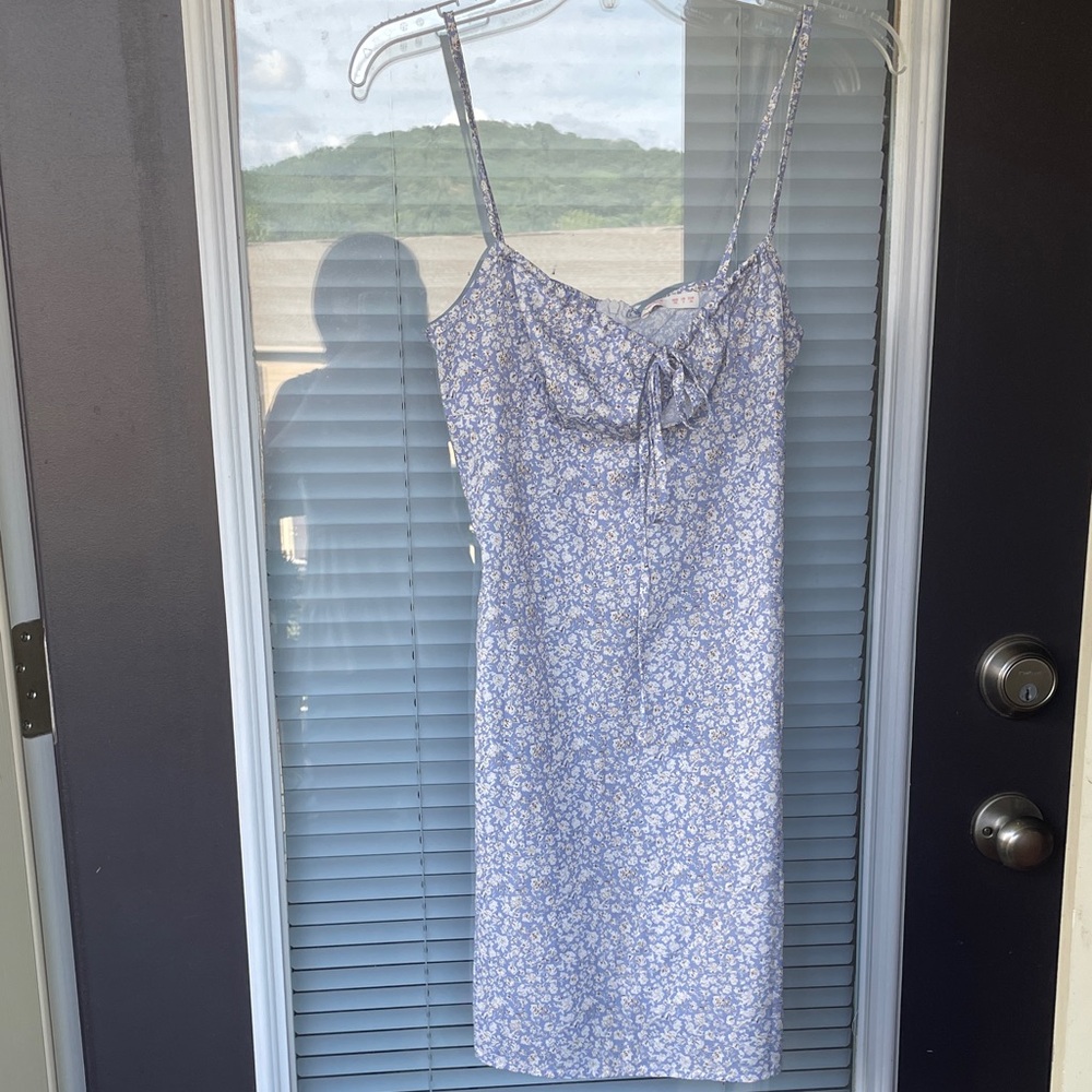 Floral Tie-Front Spaghetti Strap Dress - Light Blue-XS
